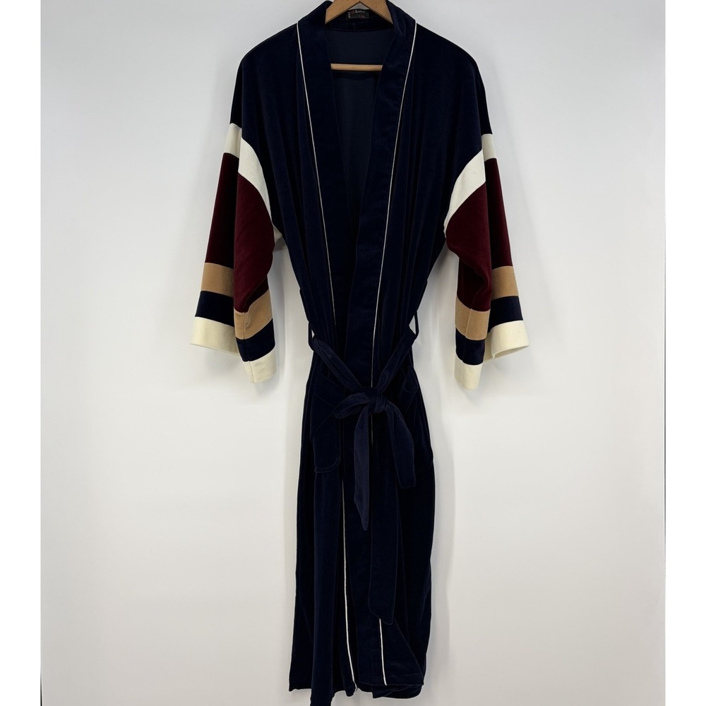 VTG Man At Home Robe Mens L XL Kimono Colorblock Pockets USA Velour Navy Belted